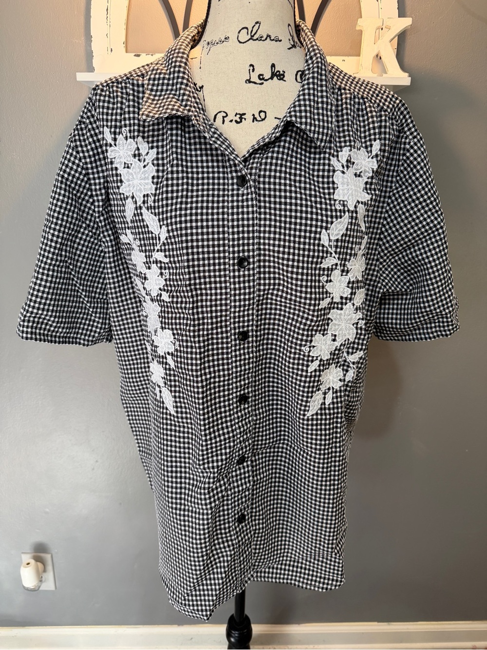 Bon Worth Black & White Gingham Button-Up Shirt with White Floral Embroidery
